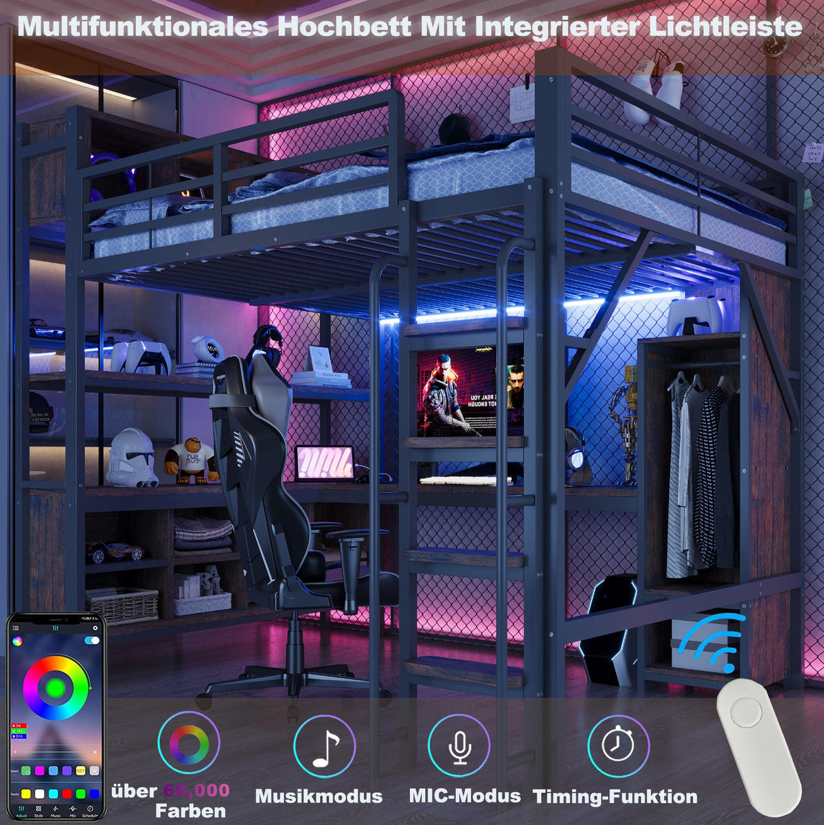 HOCHBETT 140 x 200 cm in Schwarz mit Schreibtisch, Schrank, LED-Beleuchtung und Steckdosen - Schwarz, Metall (140/200cm) - Flora Grace