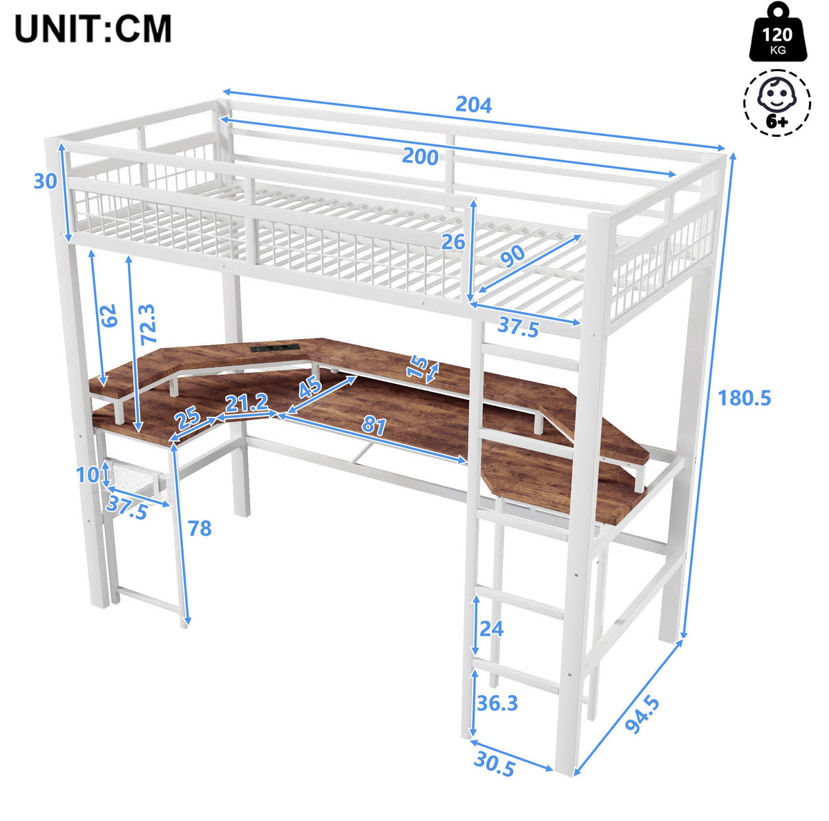 HOCHBETT 90/200 cm Weiß mit LED und Schreibtisch ohne Matratze - Weiß, Metall (90/200cm) - MIVRAY
