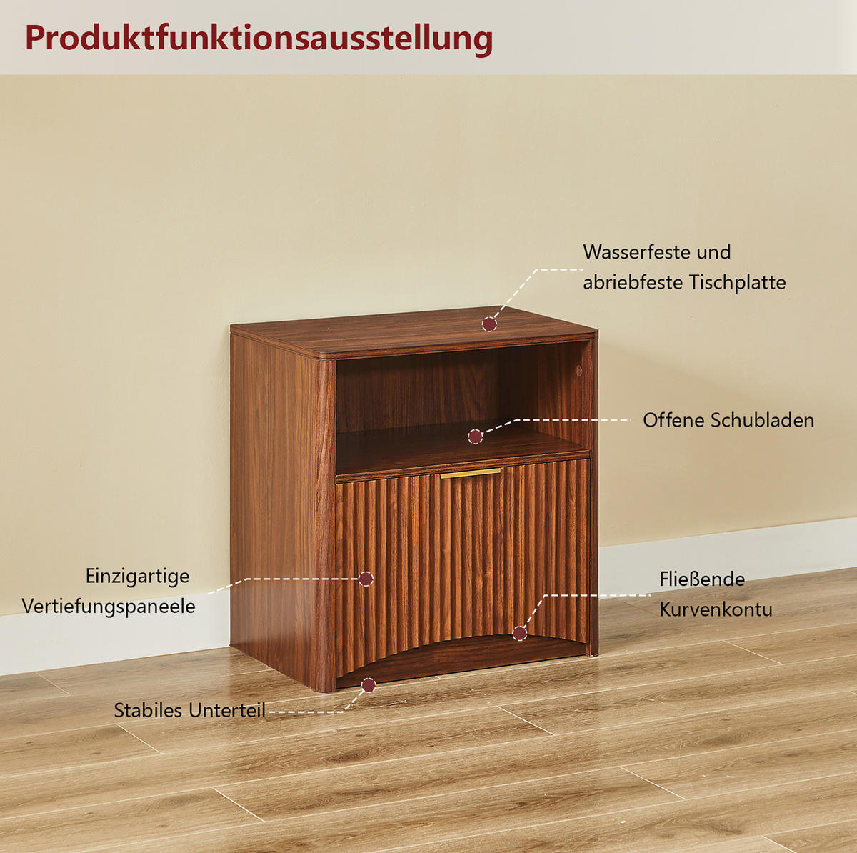 NACHTTISCH aus MDF und Spanplatte 38x58x60 cm Walnussfarben mit Schublade, offenem Fach und Rillendesign - Walnussfarben, Holzwerkstoff (58/60/38cm) - Modfu