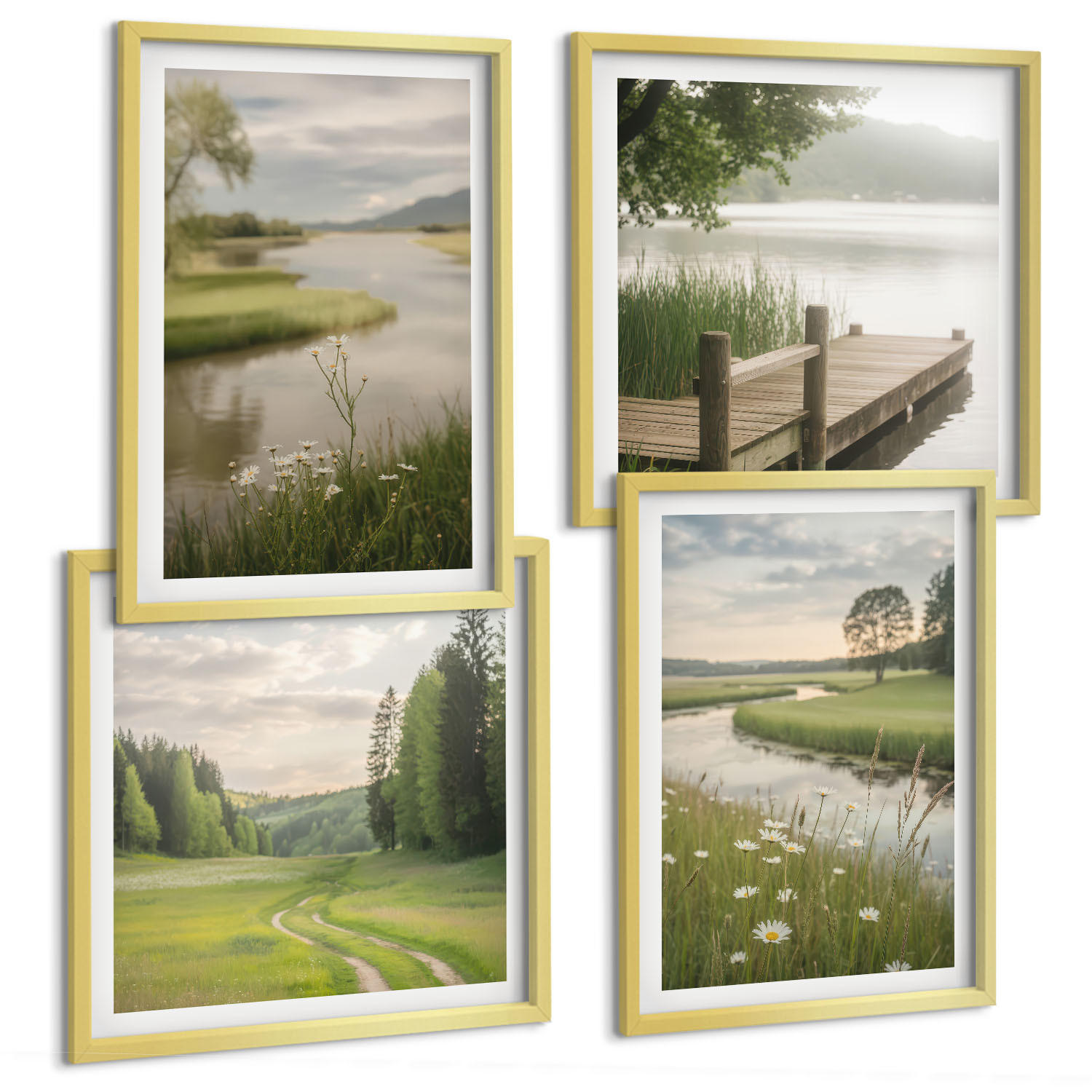 BILDER SET 4er Set - 50x50 cm & 40x60 cm Goldrahmen - Sommerlandschaften Flusswiese - Goldfarben, Kunststoff (50/50cm) - TULUP