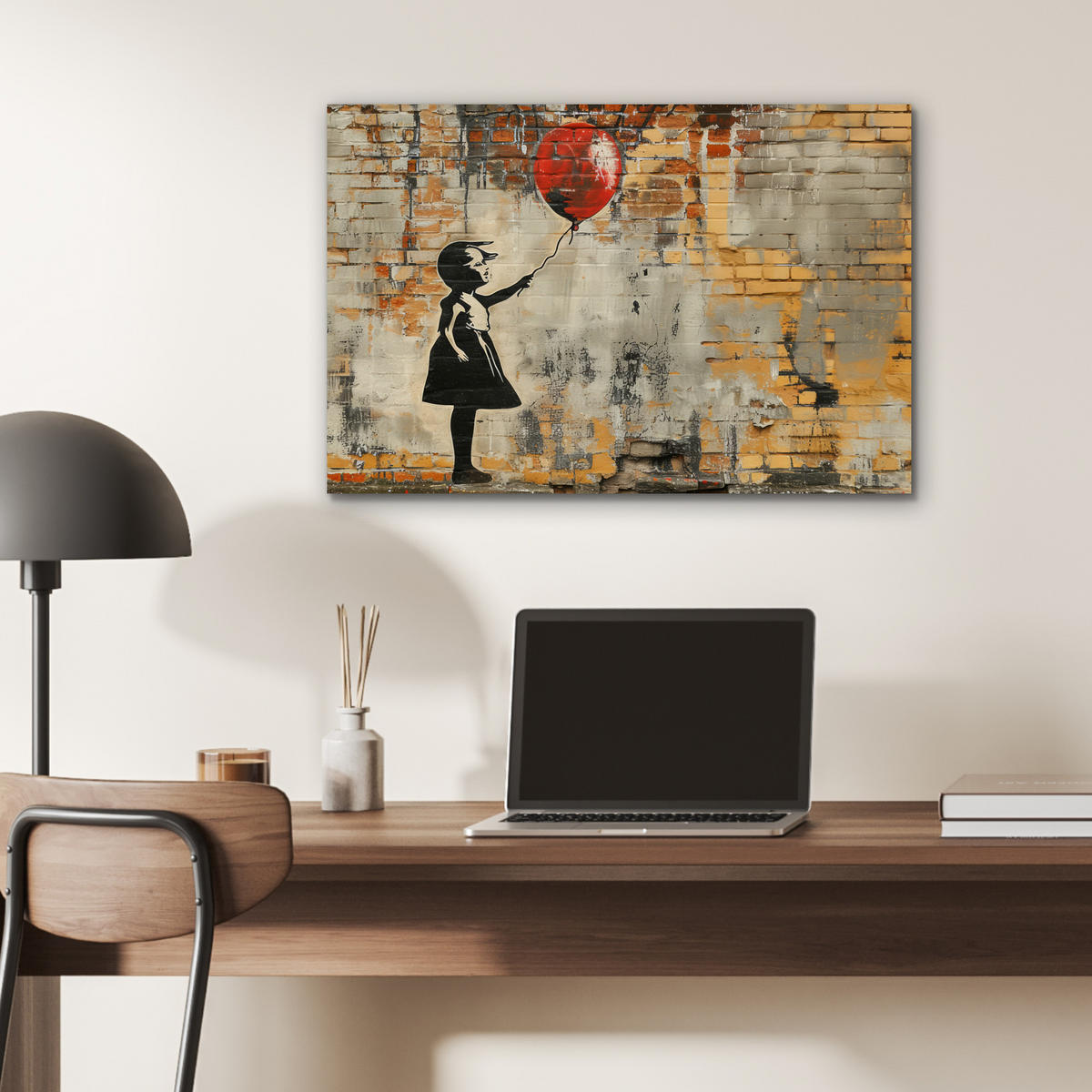 METALLBILD Graffiti - Banksy - Mädchen - Straßenkunst 60x40 cm - Sandfarben, Metall (60/40cm) - MuchoWow