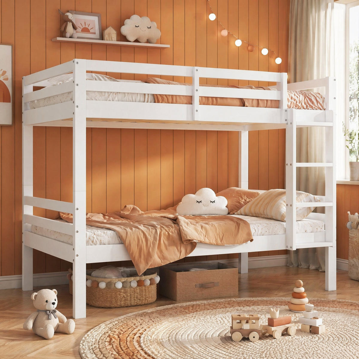 ETAGENBETT 90/200 mit Winkelleiter und Absturzsicherung in Weiß - Weiß, Holzwerkstoff (90/200cm) - EVRYAE