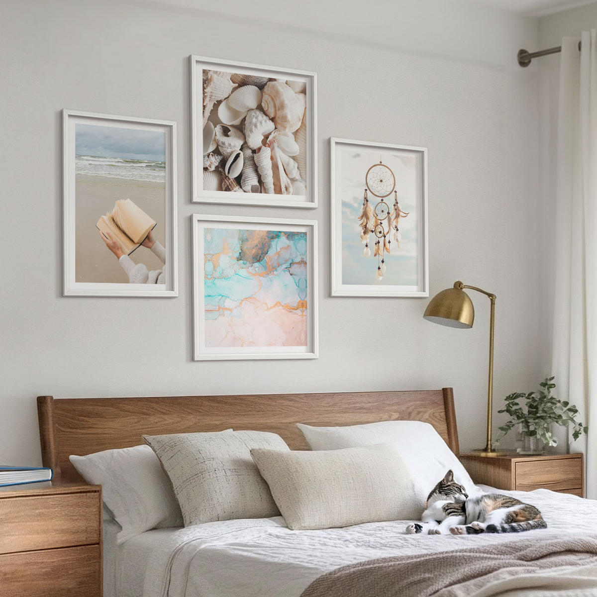 WANDBILDER 4er-Set - 50x50 cm & 40x60 cm Weißer Rahmen - Boho-Buch mit Muscheln - Weiß, Kunststoff (50/50cm) - ArtPrintCave