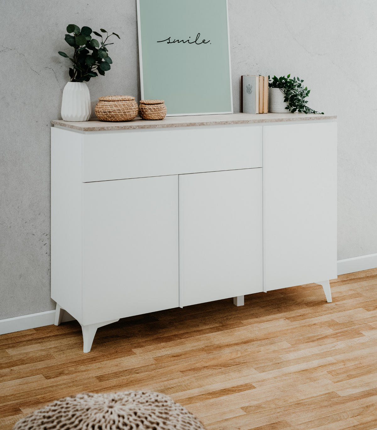 SIDEBOARD weiß, Sandstein 133 cm, Kommode 3-türig - Weiß, Holzwerkstoff/Kunststoff (133/92/40cm) - Furn.Design