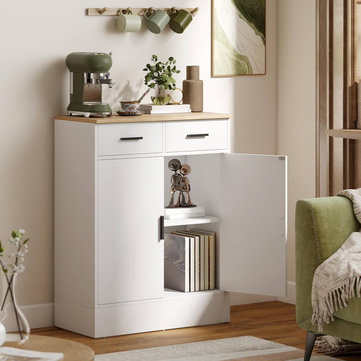 SIDEBOARD Weiß und Naturholz-Optik, 2 Türen, 2 Schubladen, 68,6/35/90,3 cm - Weiß, Holz (68.6/90.3/35cm) - PANGIVO