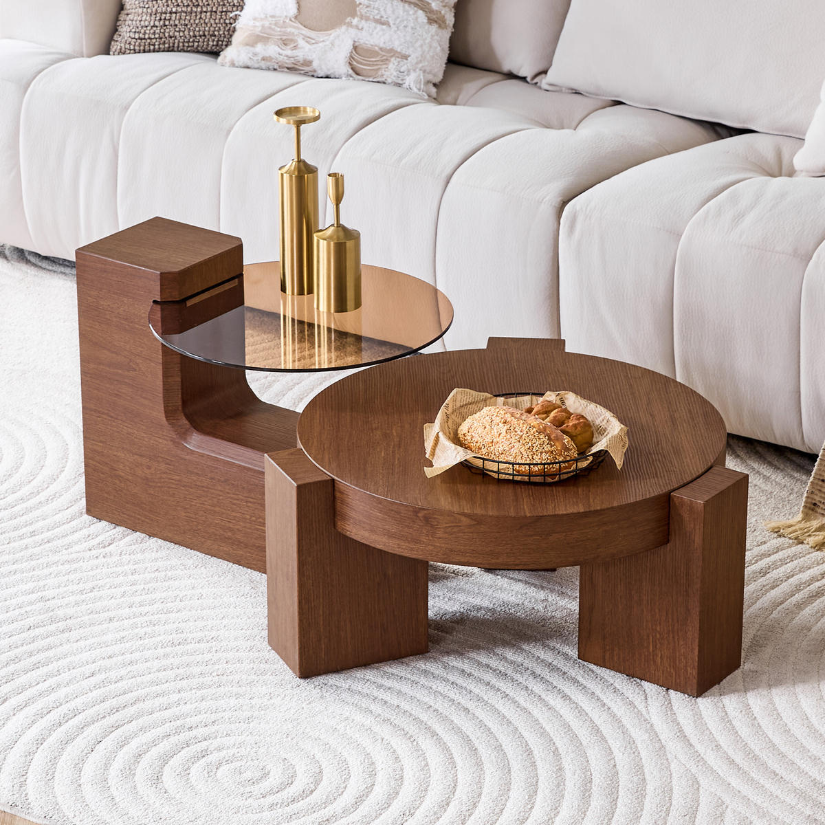 COUCHTISCH-SET 61/61/30 cm walnussfarben aus Holzwerkstoff und Glas mit trennbarem 2-in-1 Design - Walnussfarben, Holzwerkstoff (61/61/30cm) - OKWISH