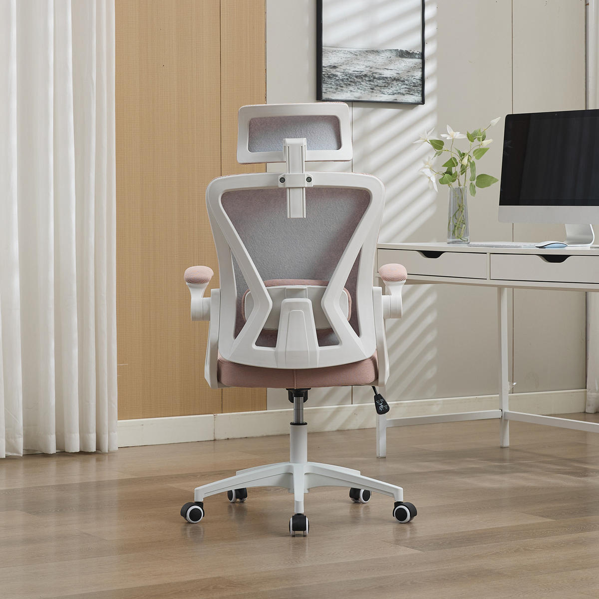 DREHSTUHL 65/58/128 cm pink aus Polsterung mit Netzrücken und höhenverstellbarem Sitz - Pink, Textil (58/108/65cm) - OKWISH