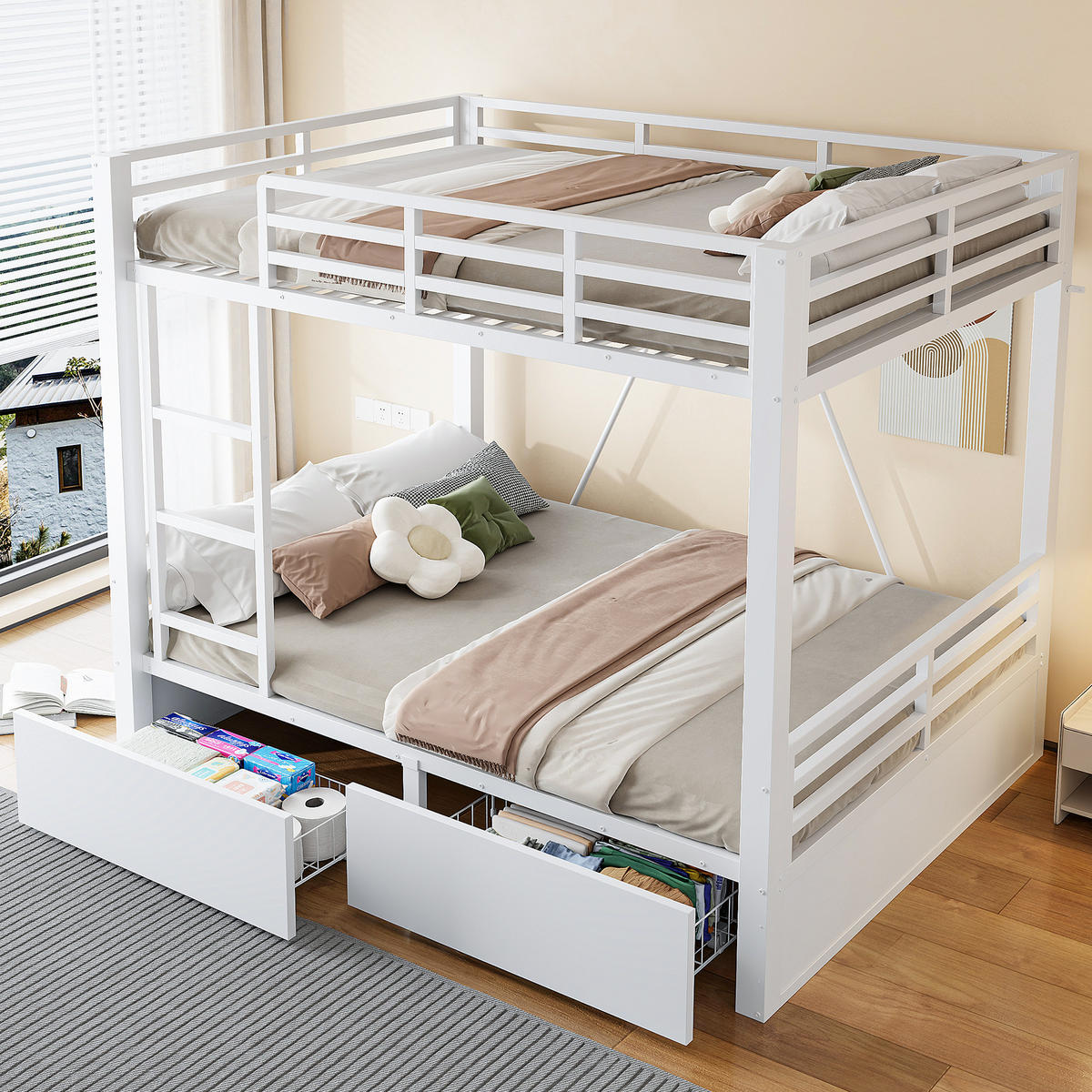 ETAGENBETT 90/200 cm & 140/200 cm in Weiß mit 2 Schubladen und Sicherheitsgeländer - Weiß, Holzwerkstoff/Metall (140/200cm) - STILVORA