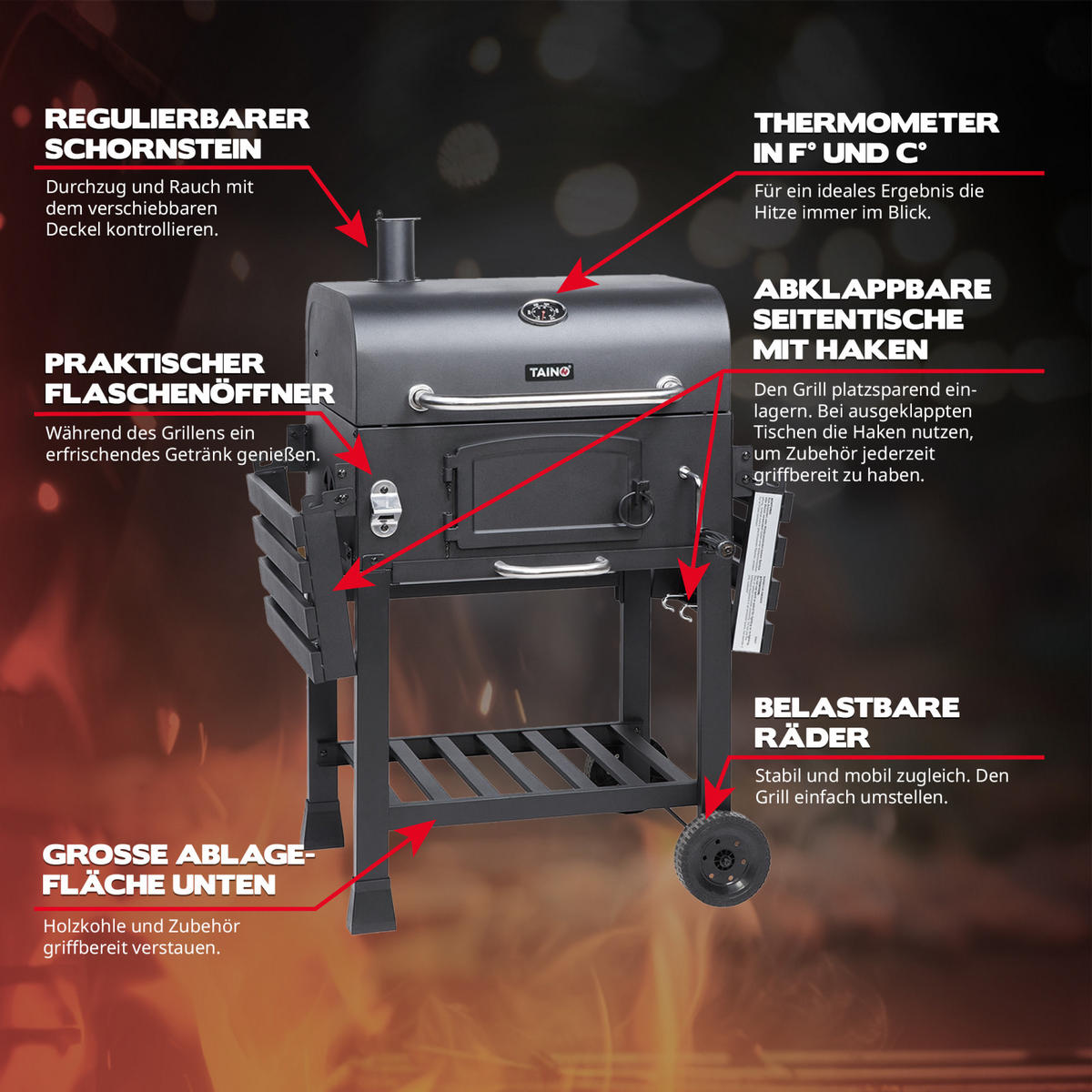 HOLZKOHLEGRILL HERO XL Set - Schwarz, Metall (124/113.5/66cm) - TAINO