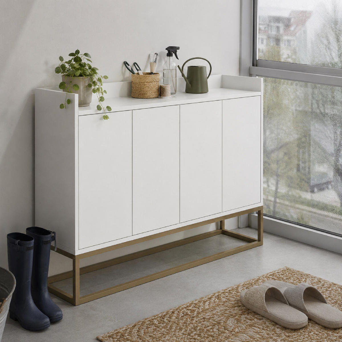 SIDEBOARD weiß 120x30x80 cm mit 4 Türen – moderne Kommode mit Metallgestell gold - Weiß, Holzwerkstoff (30/80/120cm) - SHOPENTRA