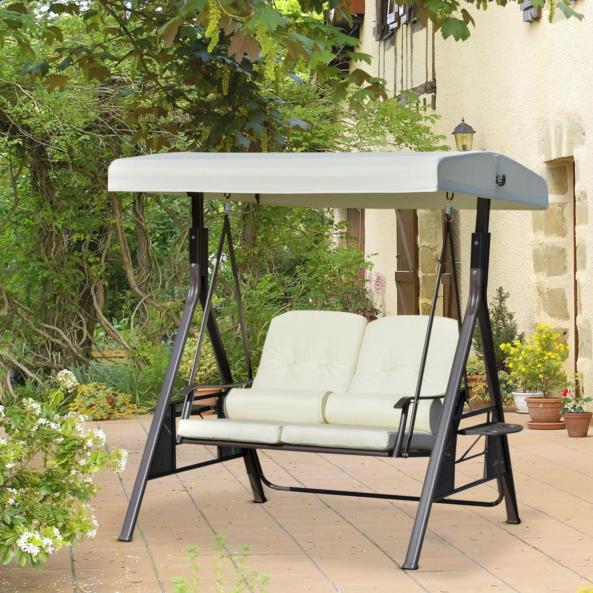 GARTENSCHAUKEL 2-Sitzer mit Sonnendach Kissen Tablett Metall Kunststoff Beige - Beige, Kunststoff/Metall (220/173/162cm) - Outsunny