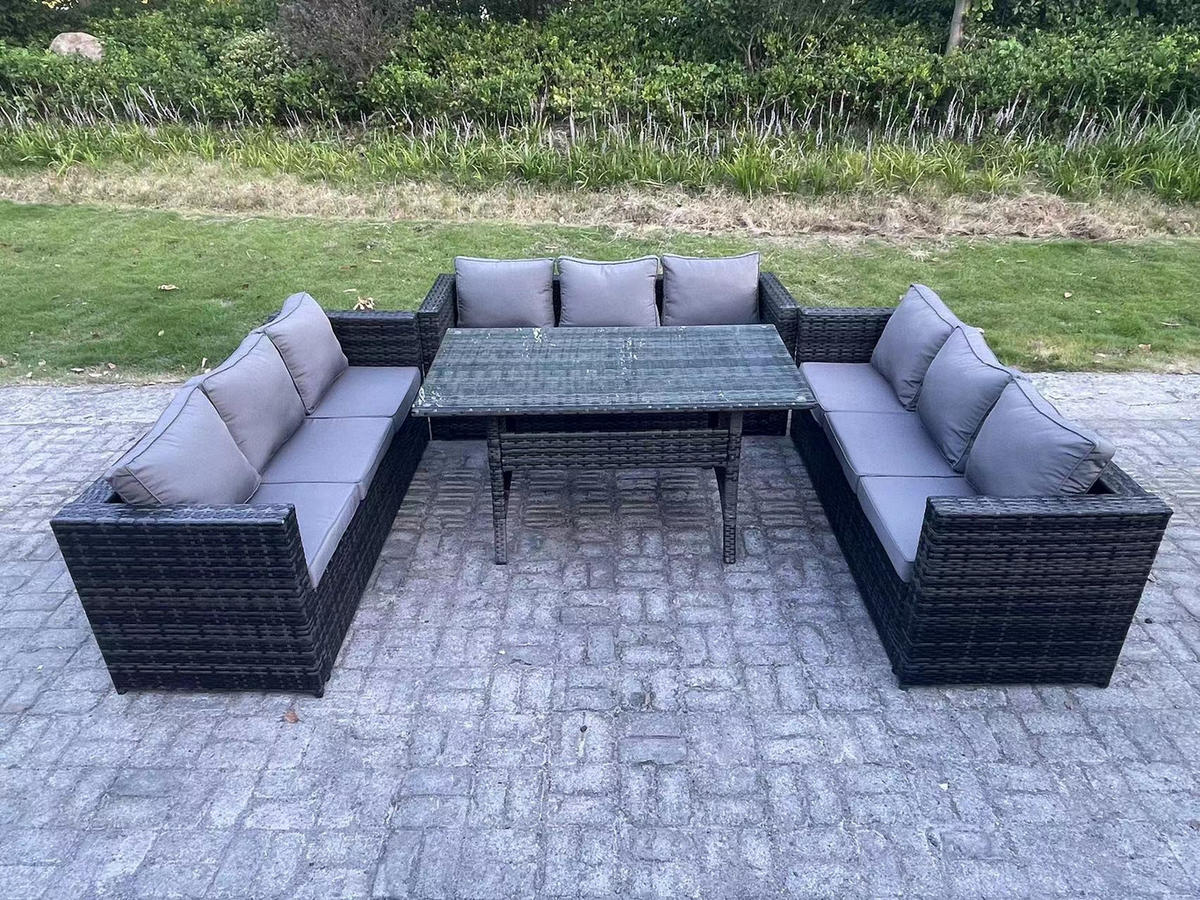 GARTENMÖBEL SET mit Esstisch Polyrattan 9-Sitzer - Dunkelgrau/Grau, Glas/Kunststoff - Fimous