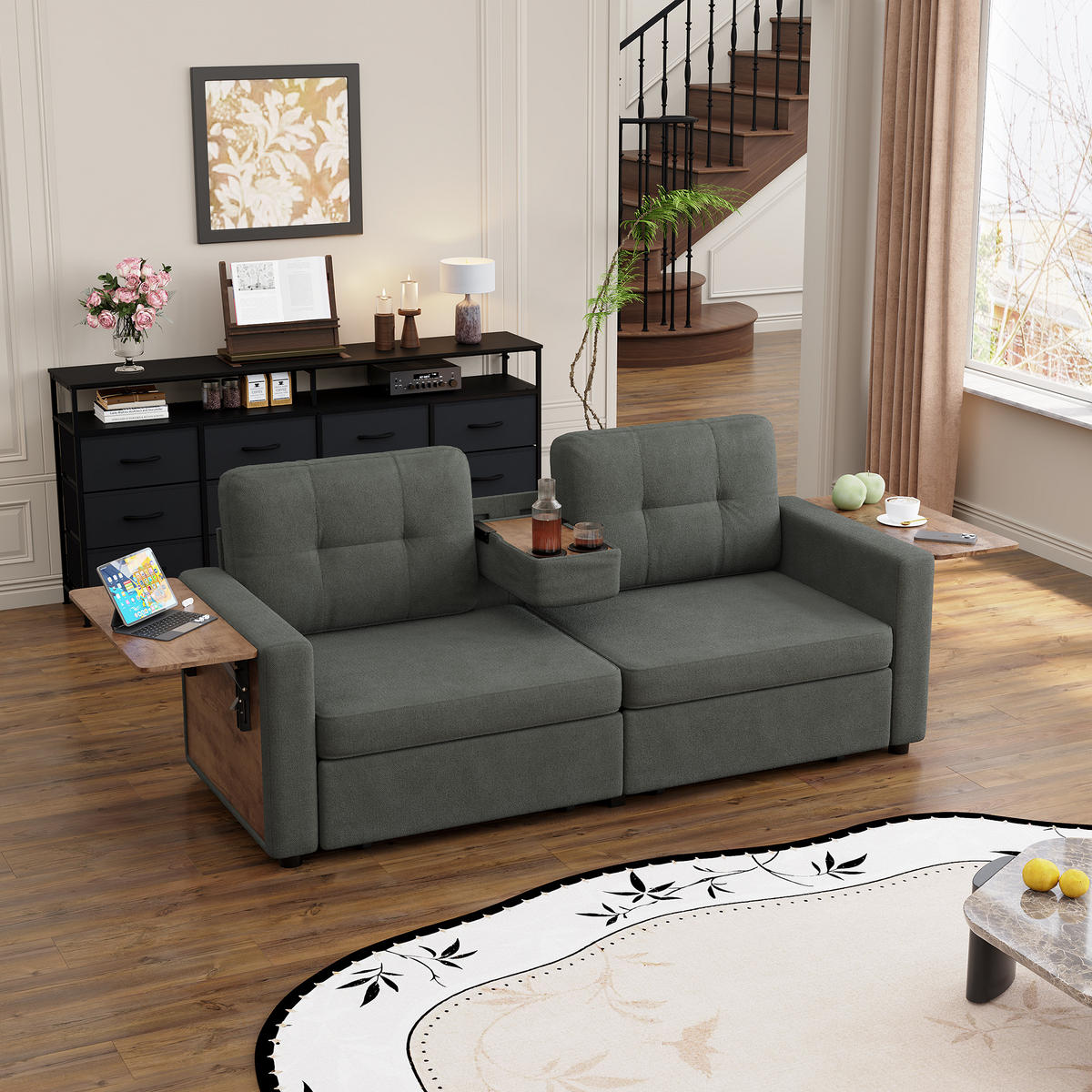 2-SITZER-SOFA mit Laptop-Tisch und Stauraum, DE-42611, Grau - Dunkelgrau, Metall (178/57.5/71cm) - ComfortXL