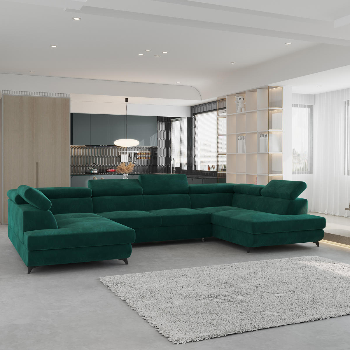 WOHNLANDSCHAFT VINTESSA Grün Velours-Stoff mit Schlaffunktion - Grün, Holz (323/89/190cm) - MASSENO