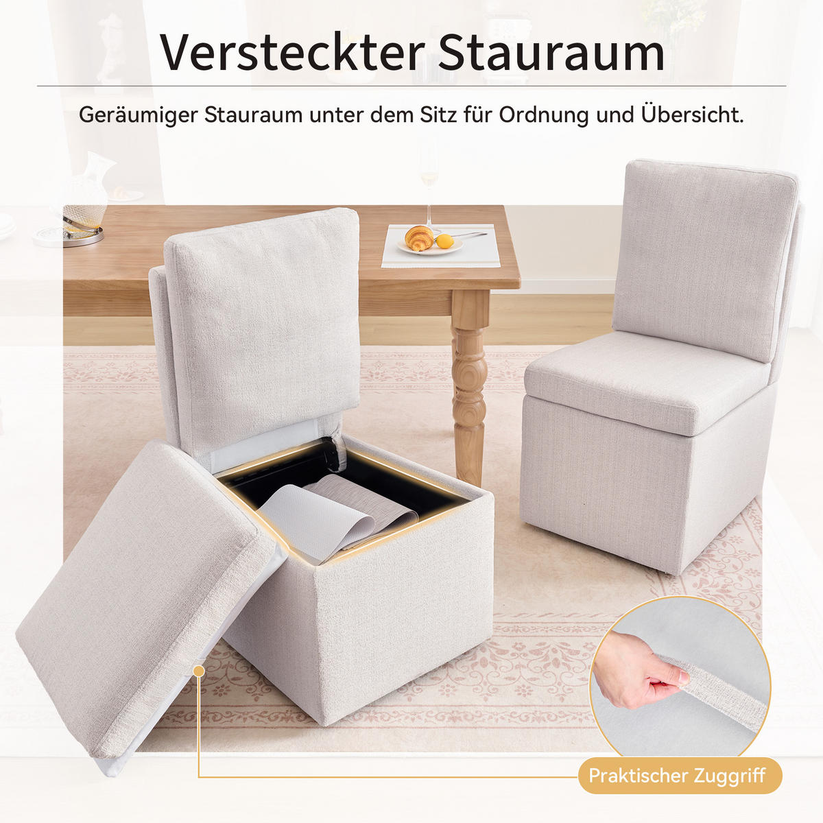 DREHSTUHL Chenille Beige drehbar, mit Stauraum und Rollen - Beige/Grau, Holzwerkstoff/Textil (49/92/65cm) - WISHDOR
