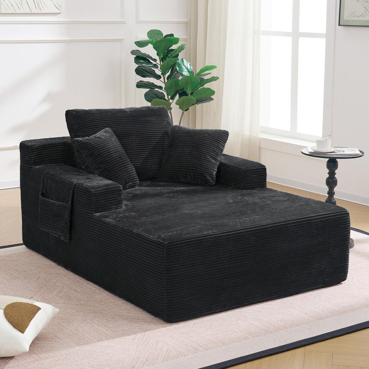 SOFAELEMENT 150/110/70 cm Schwarz Cord mit 2 Staufächer - Schwarz, Textil (70/150/110cm) - Oxeza