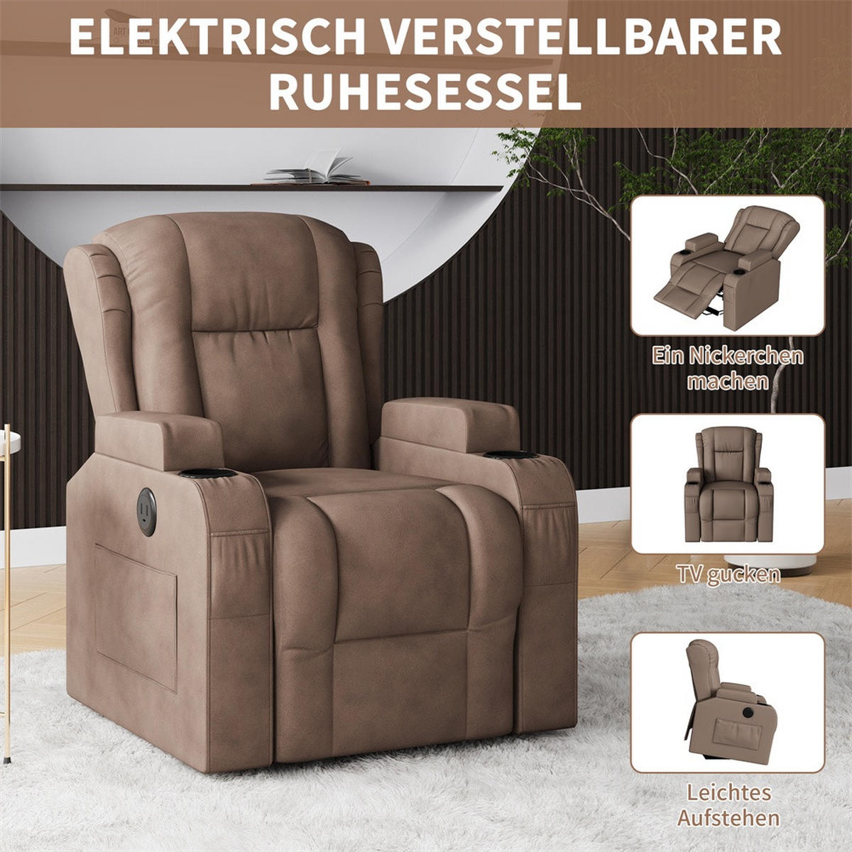 MASSAGESESSEL mit Aufstehhilfe - 8-Punkt-Massage und Heizfunktion - USB-Ladeanschluss - Braun - Braun, Textil (102/105/93cm) - DELFA