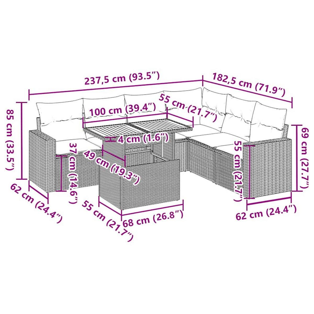 GARTEN-SOFAGARNITUR 7Er Set Mit Kissen Schwarz Poly Rattan - Schwarz, Kunststoff - vidaXL