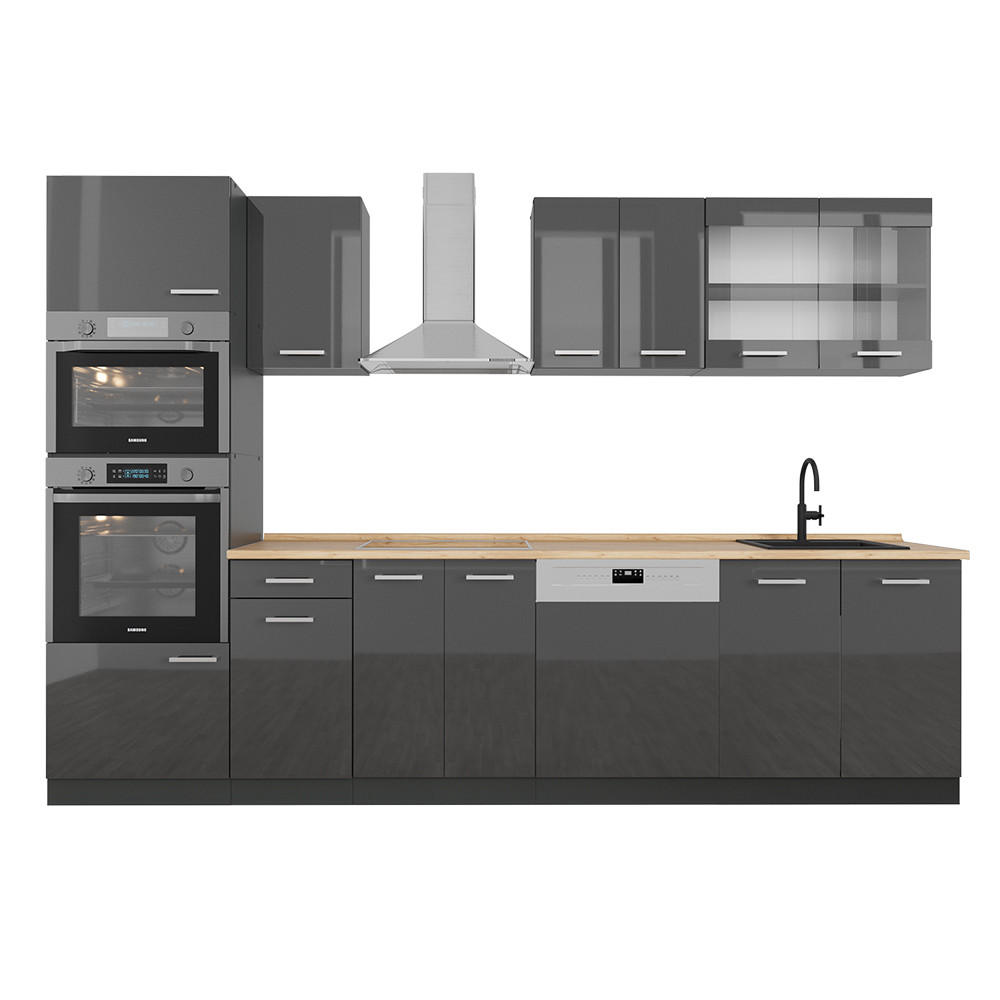KÜCHENZEILE R-Line Anthrazit Hochglanz/Anthrazit 300 cm mit Hochschrank, ohne Arbeitsplatte - Anthrazit, Holzwerkstoff (300/81.6/46cm) - Vicco