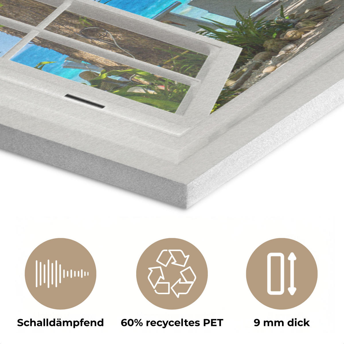 AKUSTIKBILD Aussicht - Baum - Meer - Palme - Hügel - Strand - Blau Wandbild Wohnzimmer 100x70 cm - Blau, Textil (100/70/0.9cm) - MuchoWow