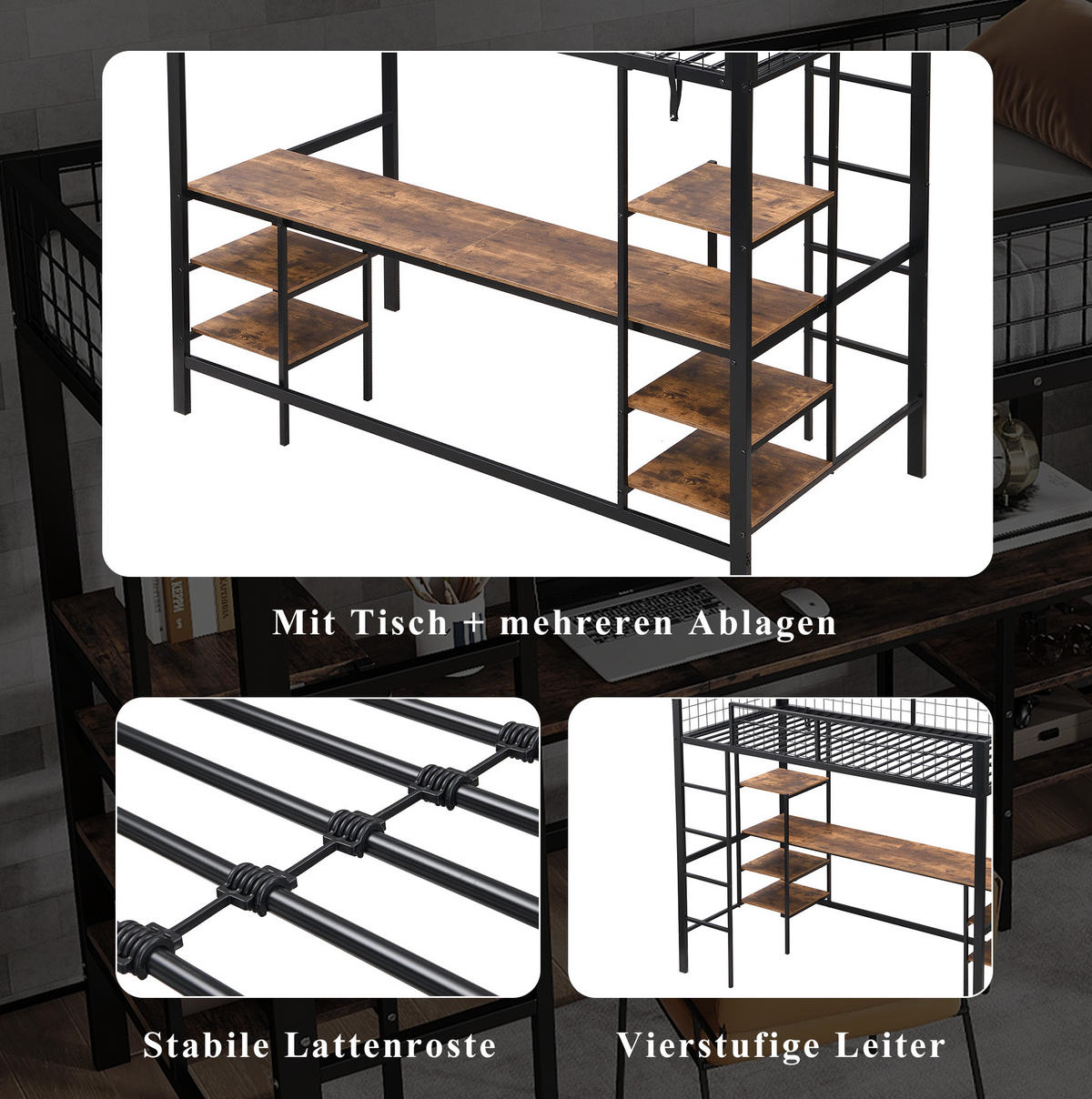 ETAGENBETT 90/200 cm mit Schreibtisch, Regalen, 4-stufiger Leiter und Metallgestell, Schwarz, dunkle Holzfarbe - Schwarz, Metall (90/200cm) - Redom