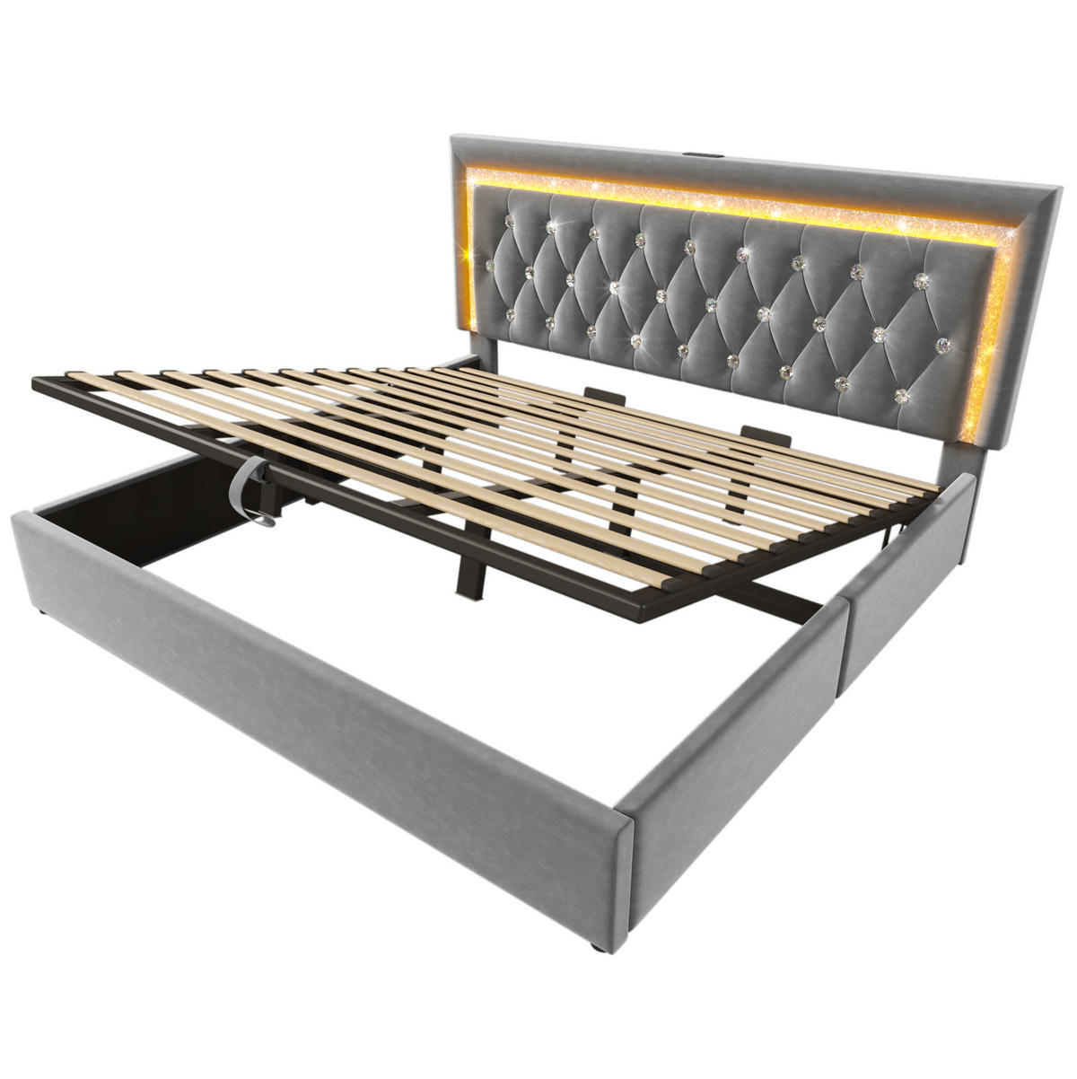 POLSTERBETT aus Samt 180x200 cm Grau mit Bettkasten, LED-Beleuchtung, USB- und USB-C-Anschluss - Grau, Textil (180/200cm) - IVMEU