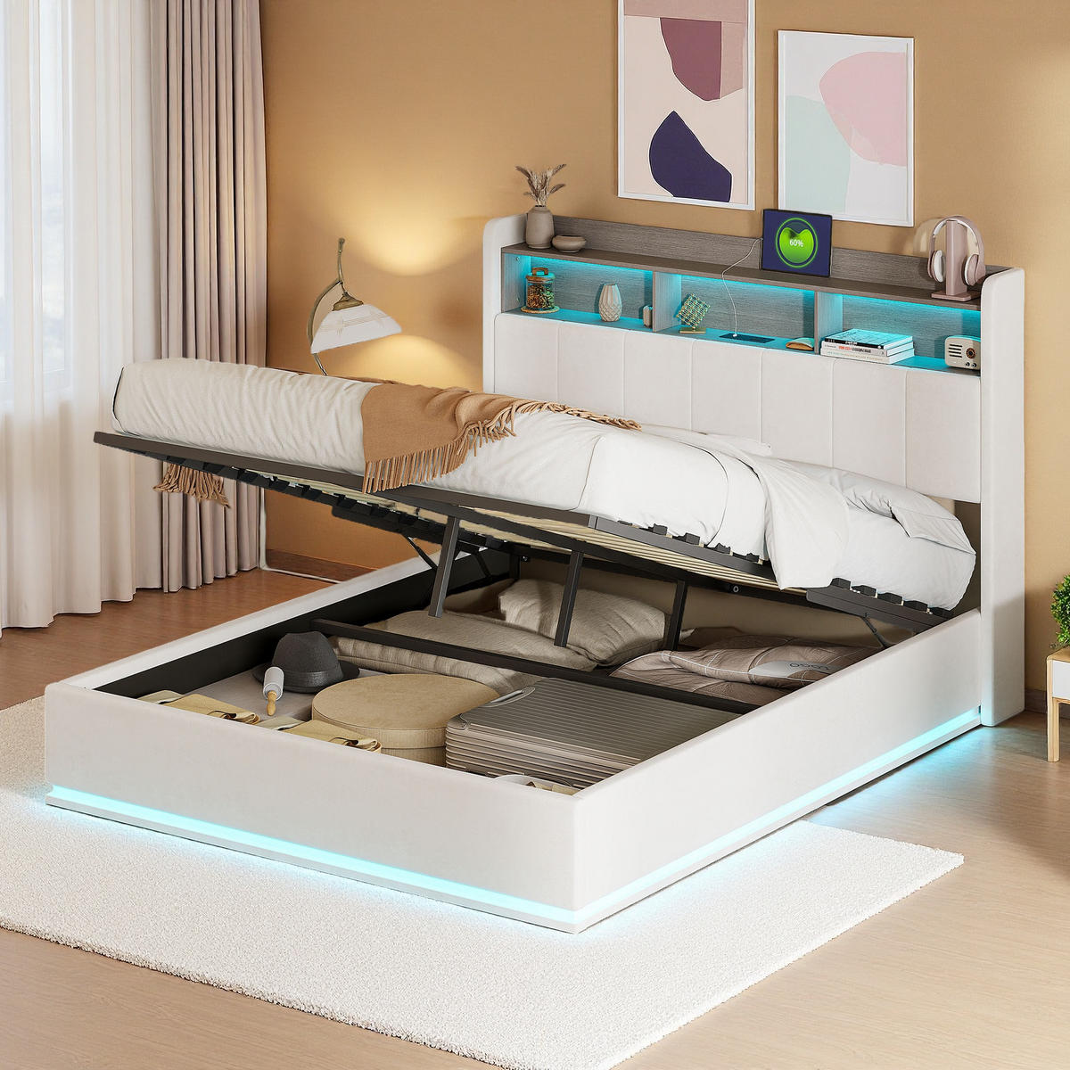 POLSTERBETT 140/190 cm Weiß mit LED-Beleuchtung und USB-Anschlüssen - Weiß, Holz (140/190cm) - SHOPENTRA