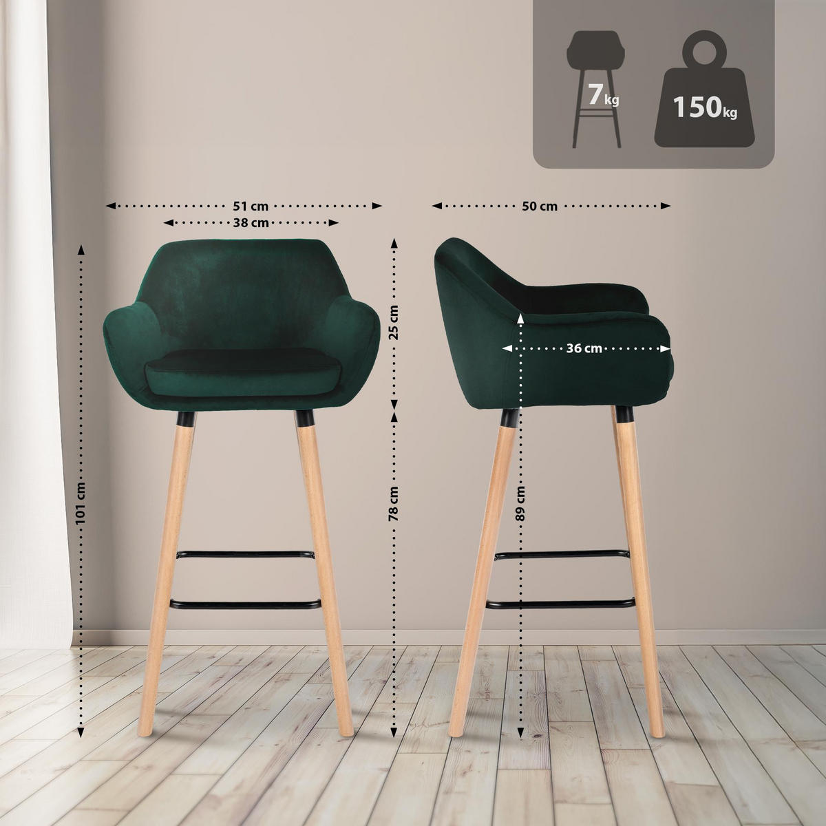 BARHOCKER 2er Set Samt Grün - Eukalyptusholzfarben/Grün, Holz/Textil (51/101/50cm) - CLP