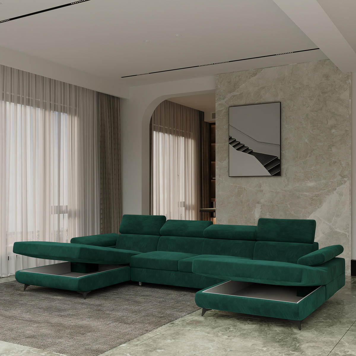 WOHNLANDSCHAFT DETTI Grün Velours-Stoff mit Schlaffunktion - Grün, Holz (339/89/190cm) - MASSENO