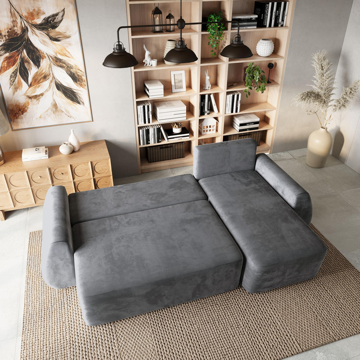 ECKSOFA GALVIS Grau Velours-Stoff mit Schlaffunktion - Grau, Holz (256/156cm) - MASSENO