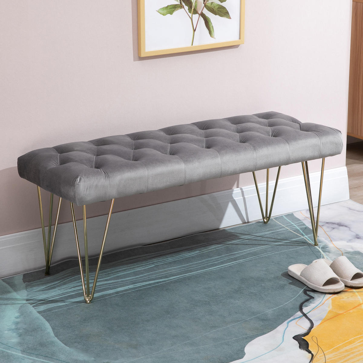 SITZBANK Schuhbank Sitztruhe Eingangsbereich Polsterbank Velvet Metall Grau - Grau, Kunststoff (445/49/116cm) - HOMCOM
