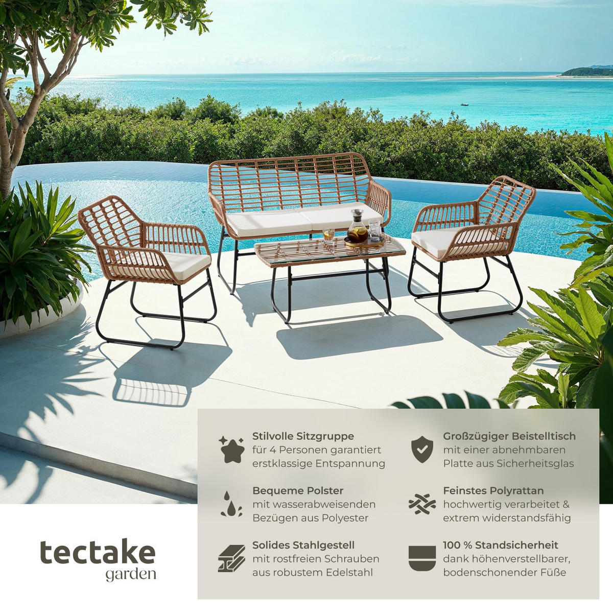 RATTAN-SITZGRUPPE Molfetta Xl,höhenverstellbare Kunststofffüße,natur - Naturfarben, Kunststoff - tectake