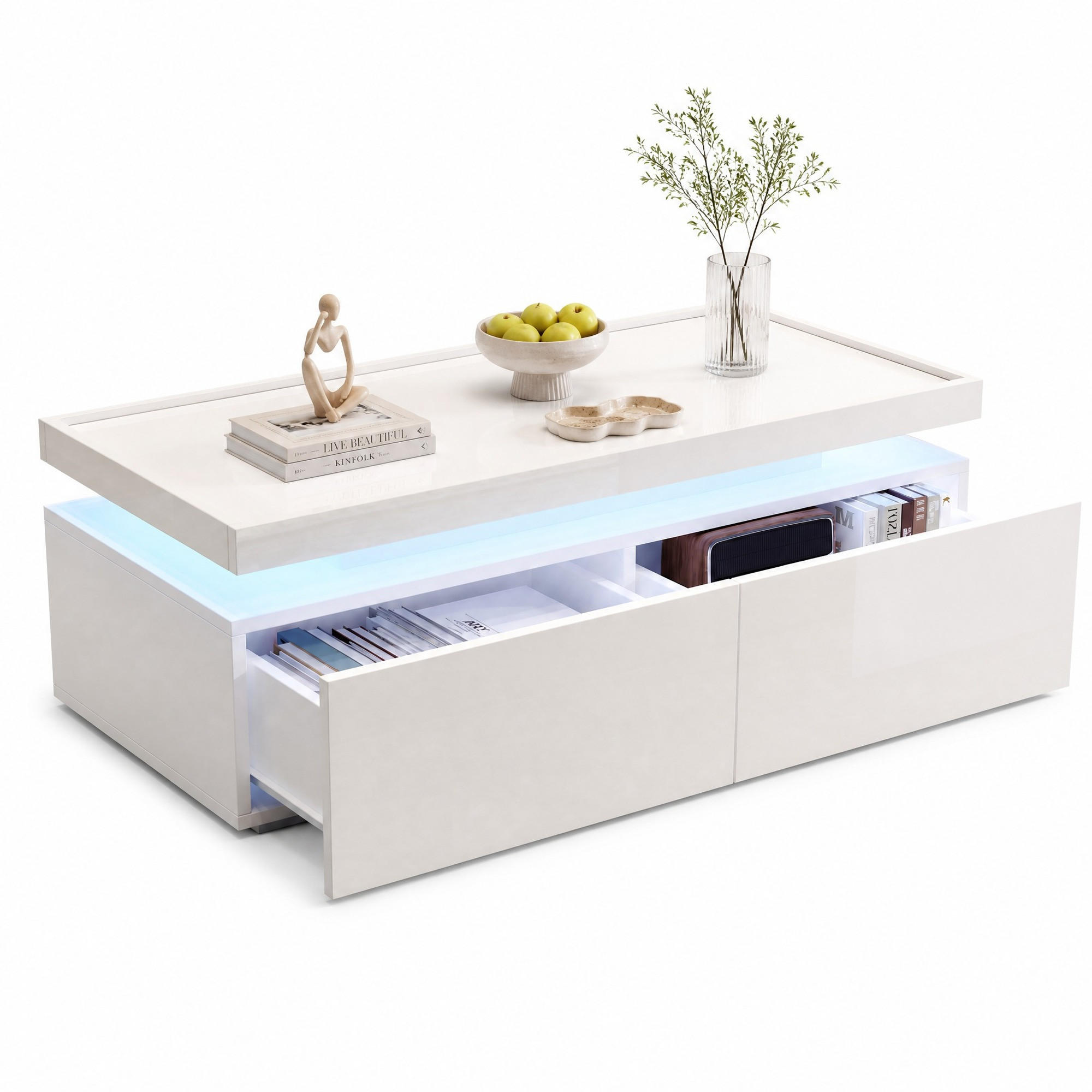 COUCHTISCH aus Spanplatte 95x45x35 cm Weiß mit LED-Beleuchtung, 2 Schubladen und Ablage - Weiß, Holzwerkstoff (95/45/35cm) - IVMEU