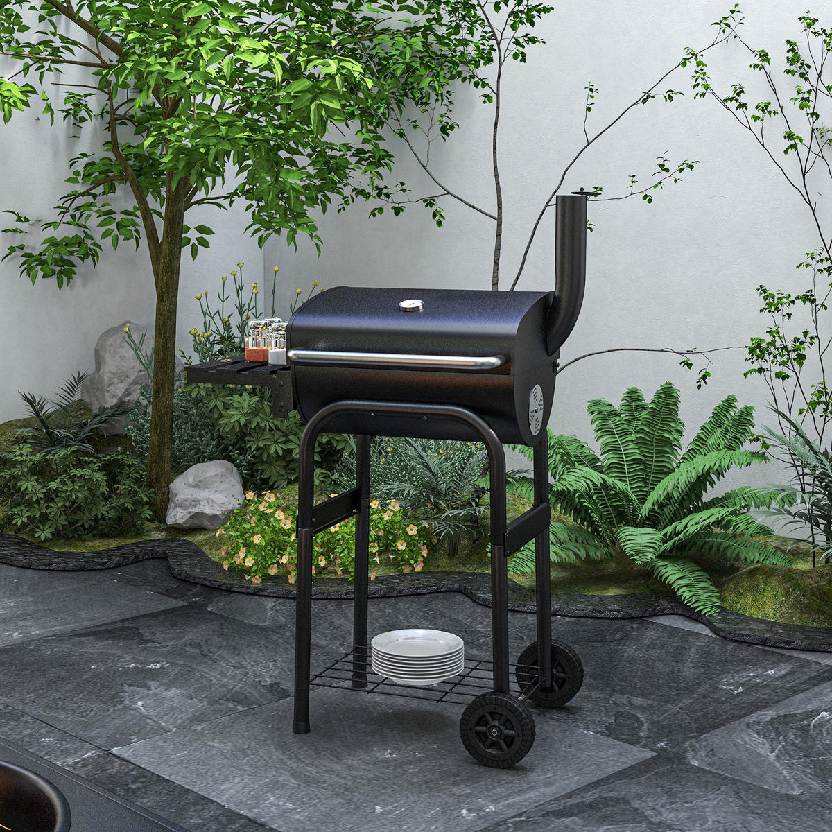 HOLZKOHLEGRILL DE-18267 mit Deckel, Thermometer & Seitenablage Schwarz - Schwarz, Metall (46.5/115/83cm) - ComfortXL
