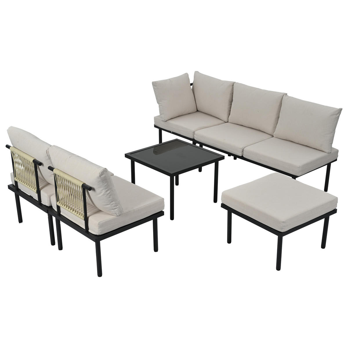 LOUNGESET 6er Seil Beige Mit Verstellbaren Füßen & Glastisch - Beige, Kunststoff - FLIEKS
