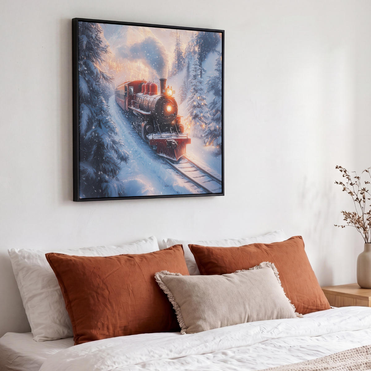 LEINWAND Bilder mit Rahmen - Weihnachtszug - Schnee - Winter - Weihnachten - 50x50 - Dunkelrot, Textil (50/50cm) - MuchoWow