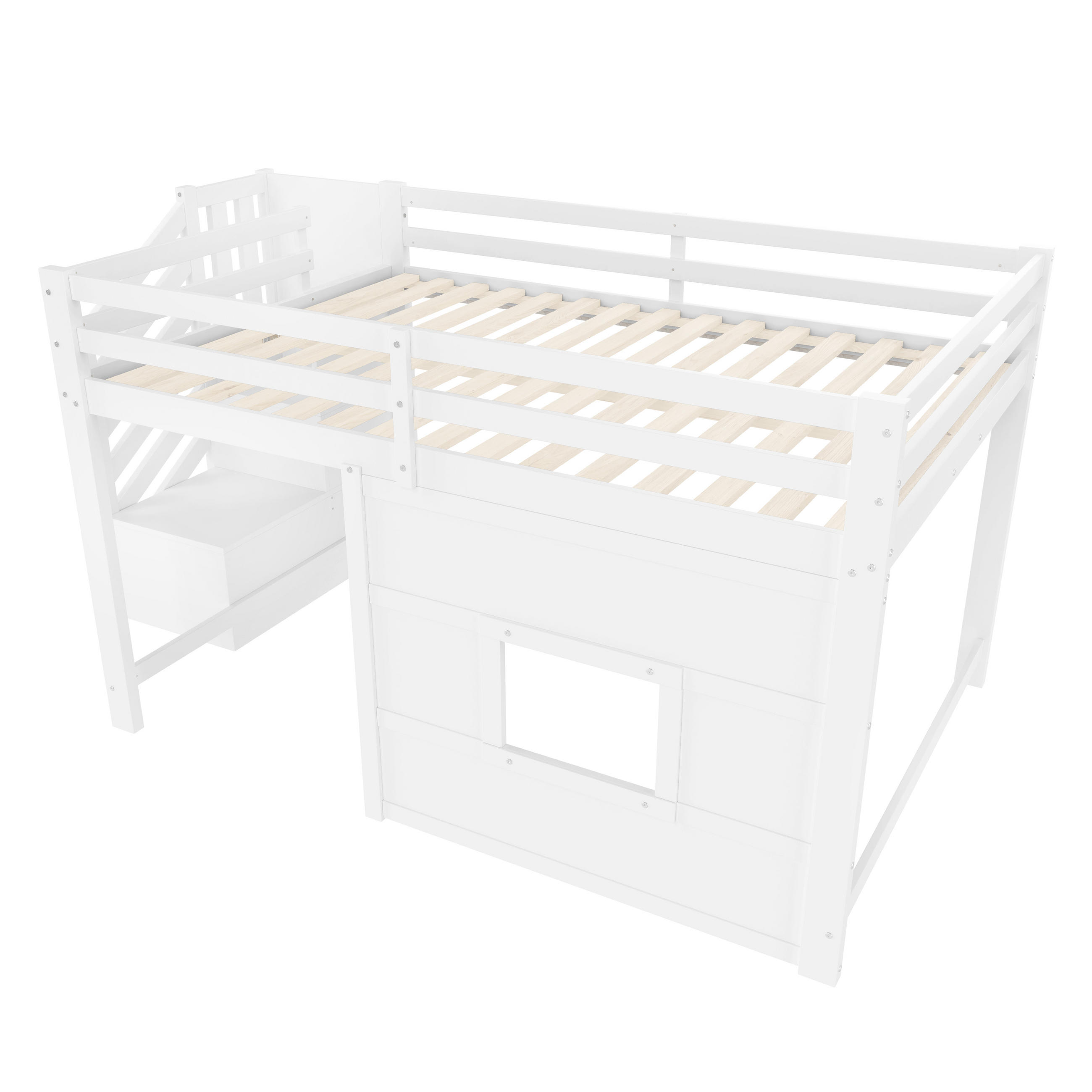HOCHBETT 140/200 cm DE-03340, mit Stauraumtreppe und Fenster, in Weiß - Weiß, Holz/Holzwerkstoff (140/200cm) - ComfortXL