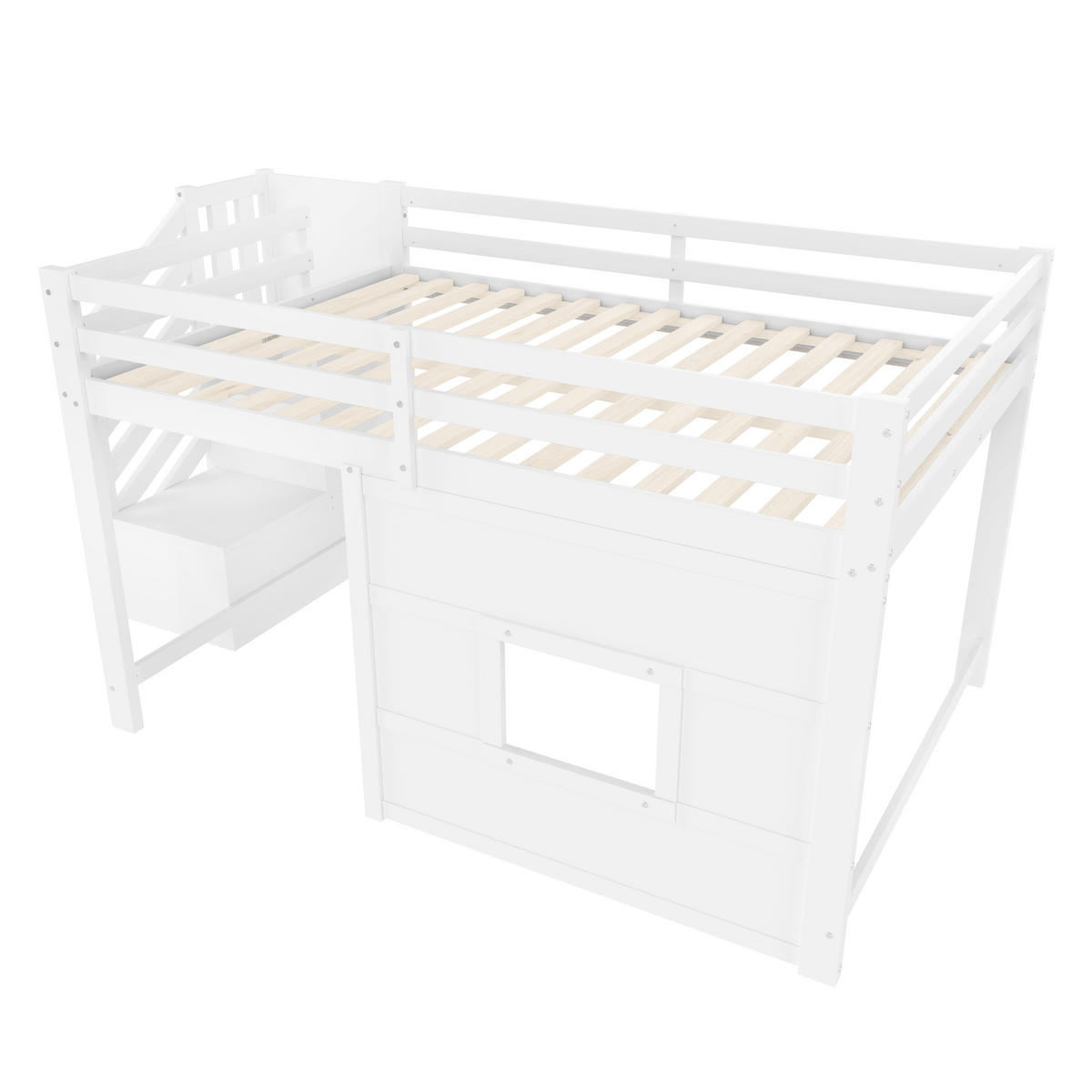 HOCHBETT 140/200 cm weiß aus MDF mit Stauraumtreppe Fenster und LED-Kopfteil - Weiß, Holzwerkstoff (140/200cm) - OKWISH