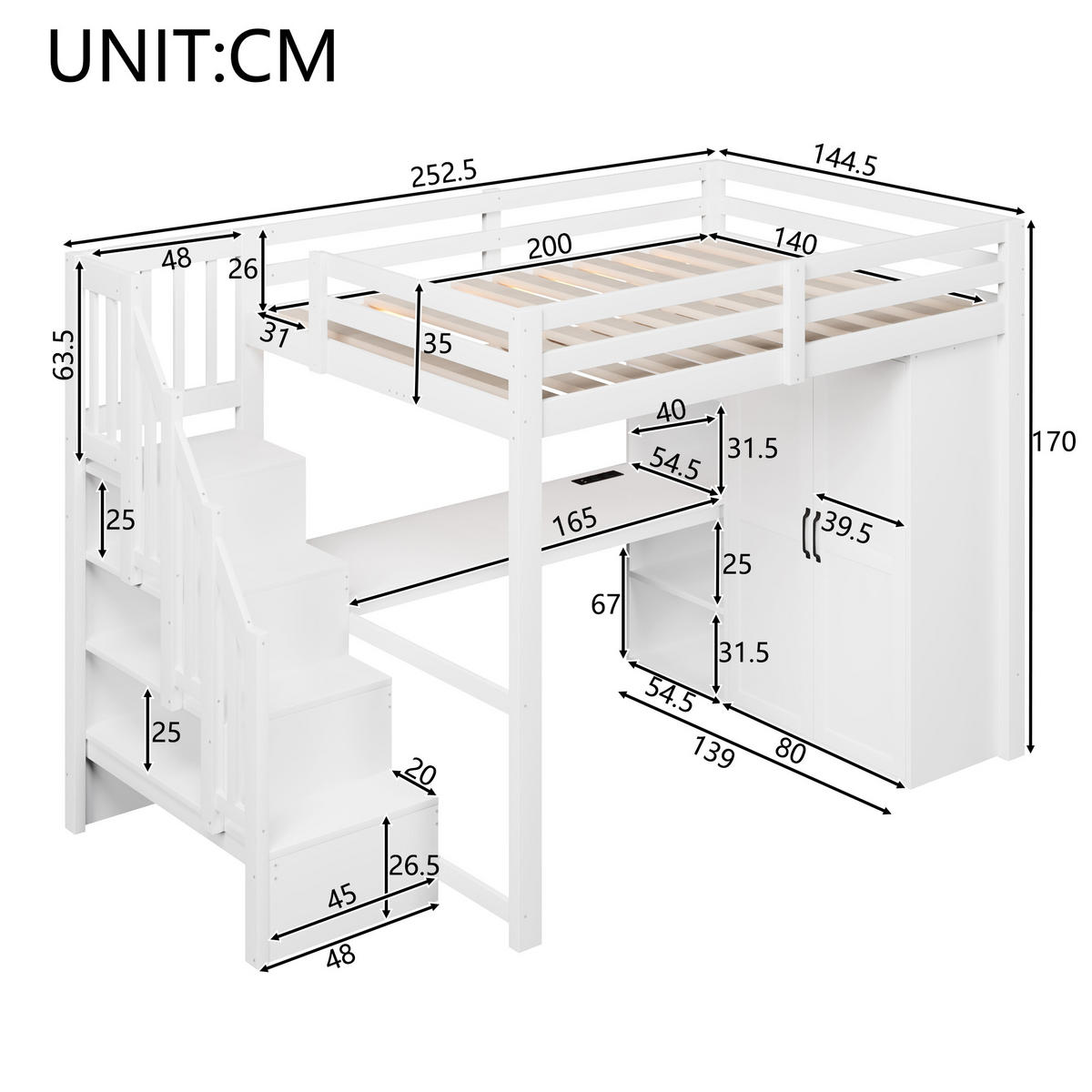 HOCHBETT 140/200 cm DE-03374, mit Schreibtisch, Kleiderschrank, Stauraumtreppe und LED, in Weiß - Weiß, Holz/Holzwerkstoff (140/200cm) - ComfortXL
