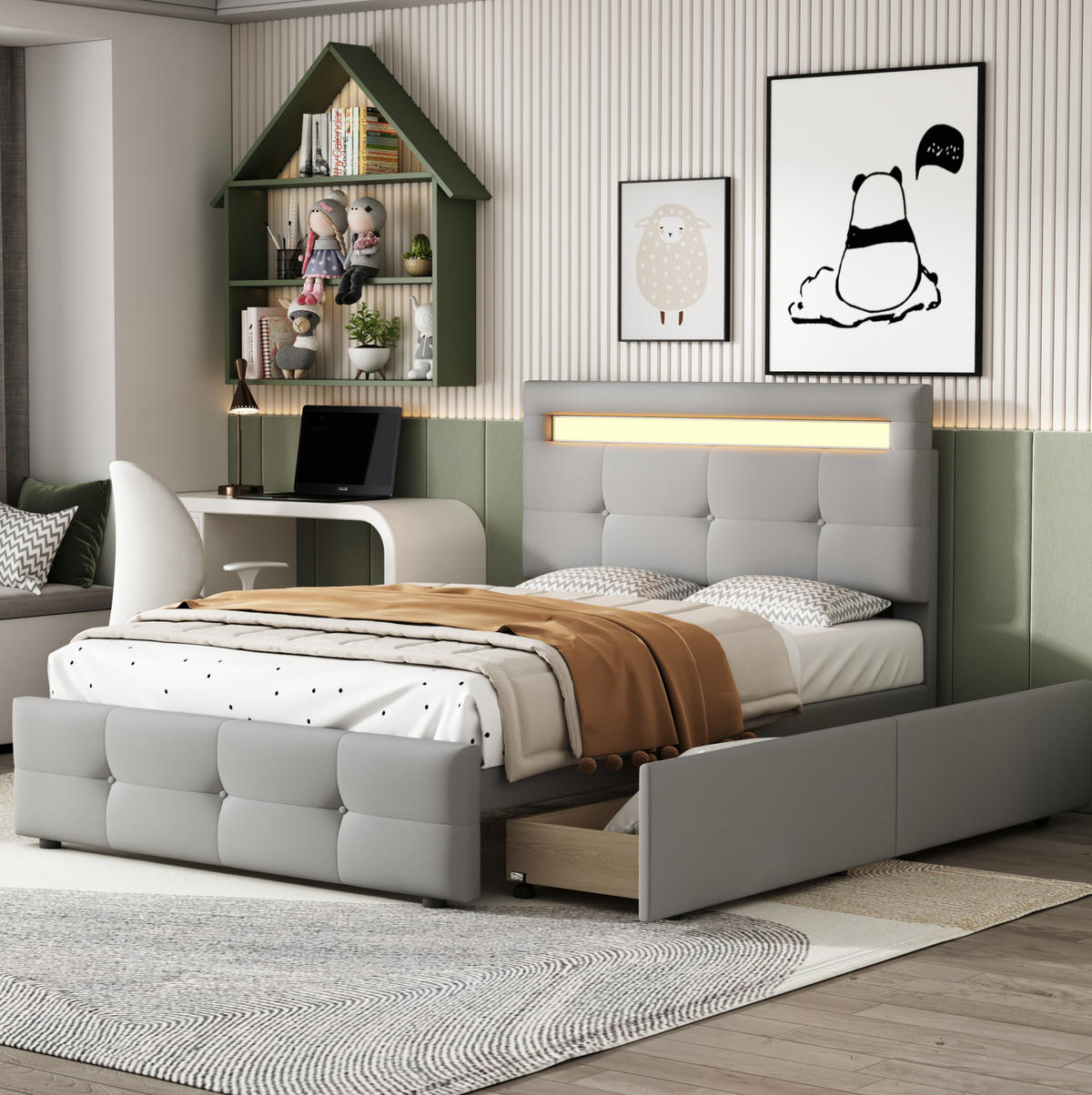 POLSTERBETT 90/200 cm mit LED-Beleuchtung, 2 Schubladen und verstellbarem Kopfteil, Grau - Grau, Textil (90/200cm) - Redom