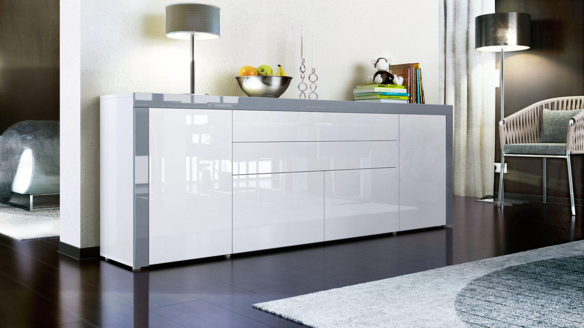 SIDEBOARD La Paz Weiß Hochglanz / Grau Hochglanz - Weiß Hochglanz, Holzwerkstoff (200/72/35cm) - Vladon