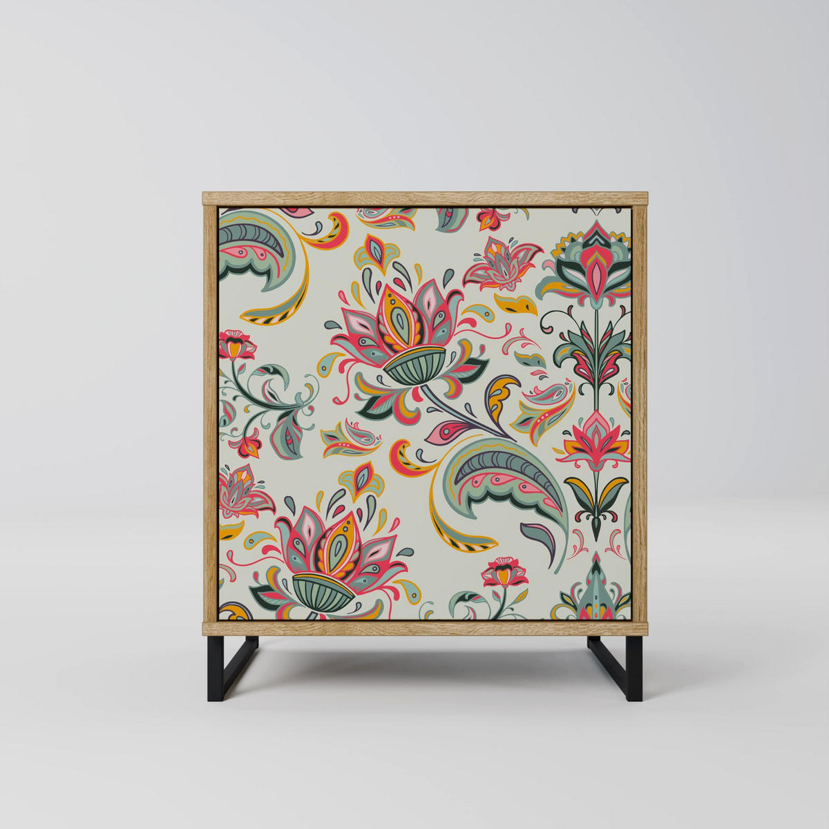 SIDEBOARD ORGANIC FOLKLORE, Eichefarben, 57,5x42x70,5 cm, Schwarze Metall-Sternfüße - Eichefarben/Multicolor, Holzwerkstoff/Metall (57.5/70.5/42cm) - SpaceRebels