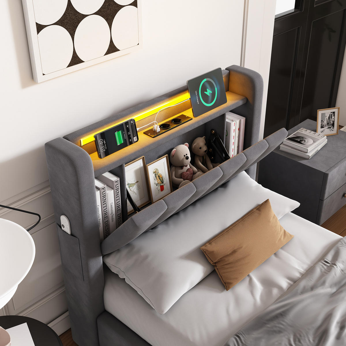 POLSTERBETT 90/190 cm Grau mit LED-Lichtleiste und USB-Anschlüssen - Grau, Holzwerkstoff (90/190cm) - OKWISH