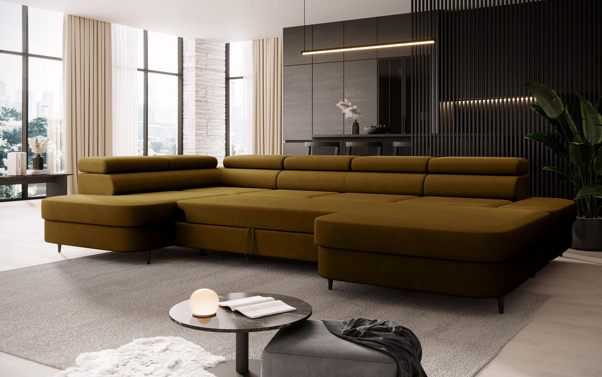 ECKSOFA U-Form PRIAM U Links mit Schlaffunktion 126x270 Velours Honig - Schwarz/Honig, Holz/Textil (350/91/203cm) - Muffo