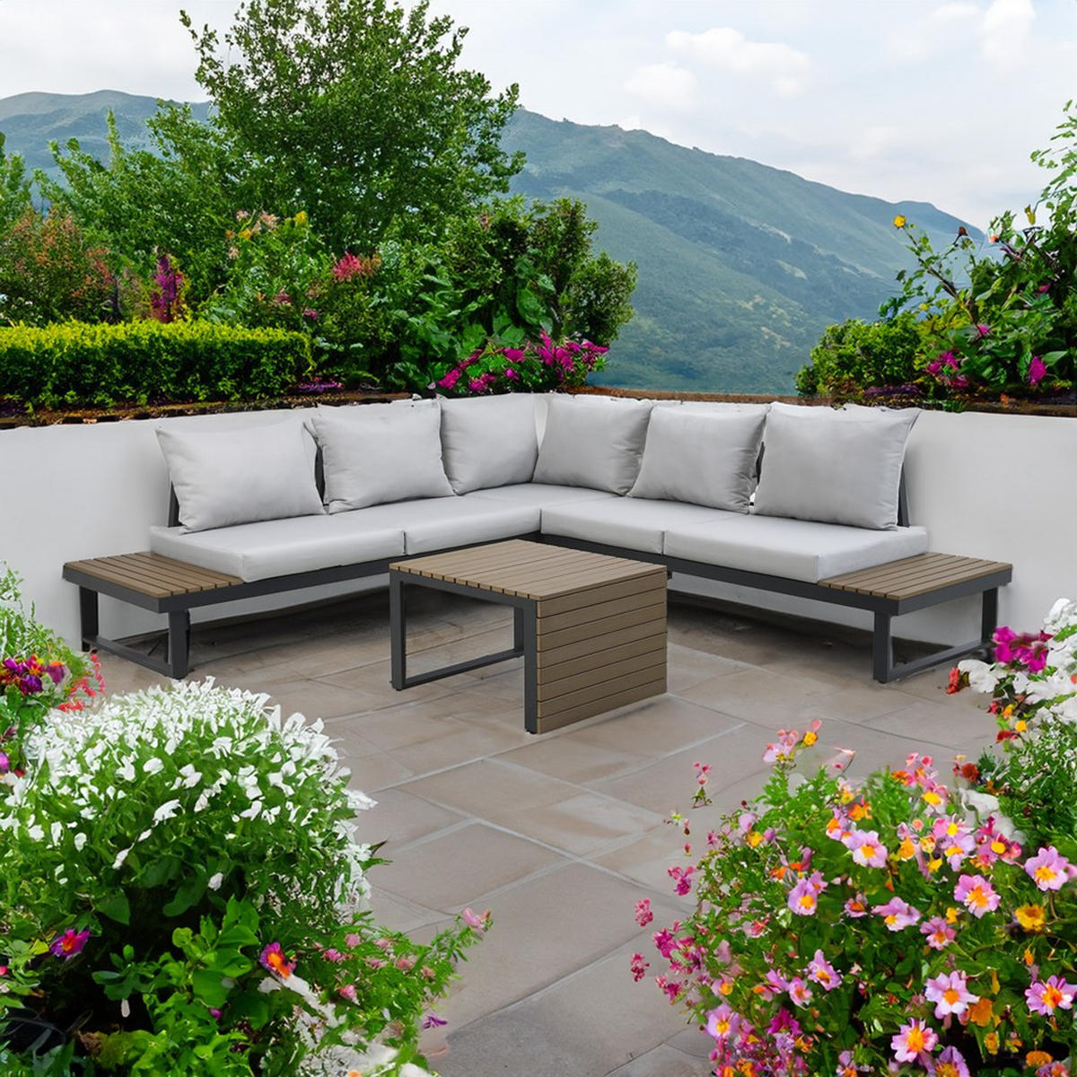 SET DE RELAXARE PENTRU GRĂDINĂ MARBELLA Modular, cu canapea, colț și masă - gri, compozit lemnos - RAUMHIRSCH FURNITURE