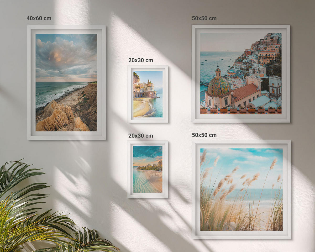 BILDER SET 5er Set - 50x50 cm & 20x30 cm & 40x60 cm Weißer Rahmen - Landschaften Strand Stadt Klippen - Weiß, Kunststoff (40/60cm) - TULUP