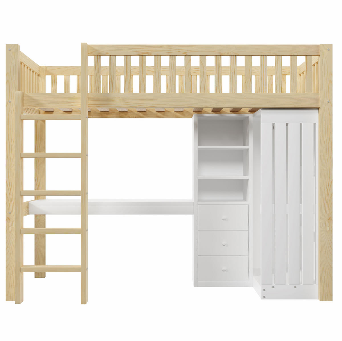 VISOKA postelja 90/200 cm naravna z mizo, garderobno omaro in predali iz bora in MDF - naravne barve, les (90/200cm) - OKWISH