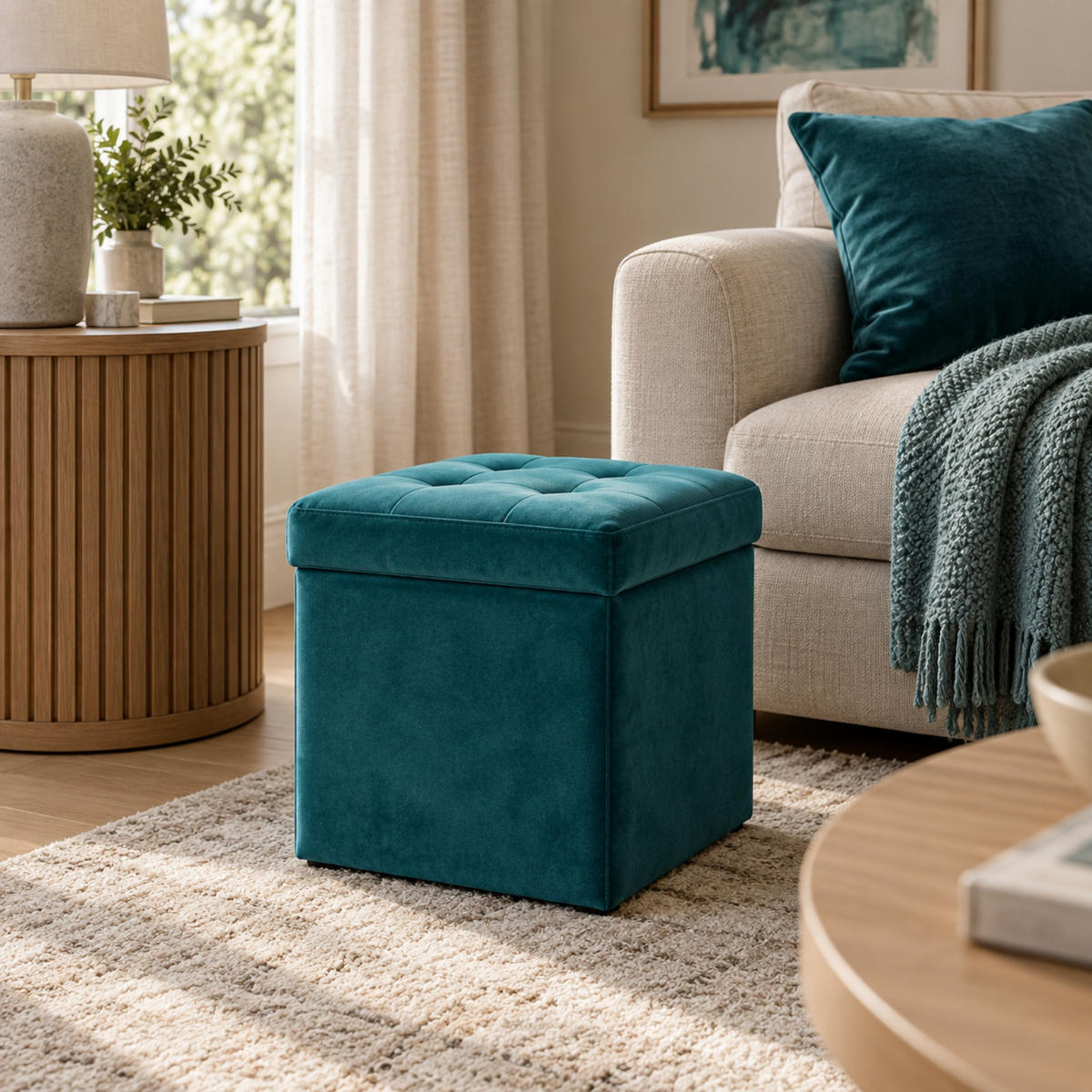 SAMT-POUF mit Stauraum 38/38/38 cm - Blau, Textil (38/38/38cm) - SCENA LIVING