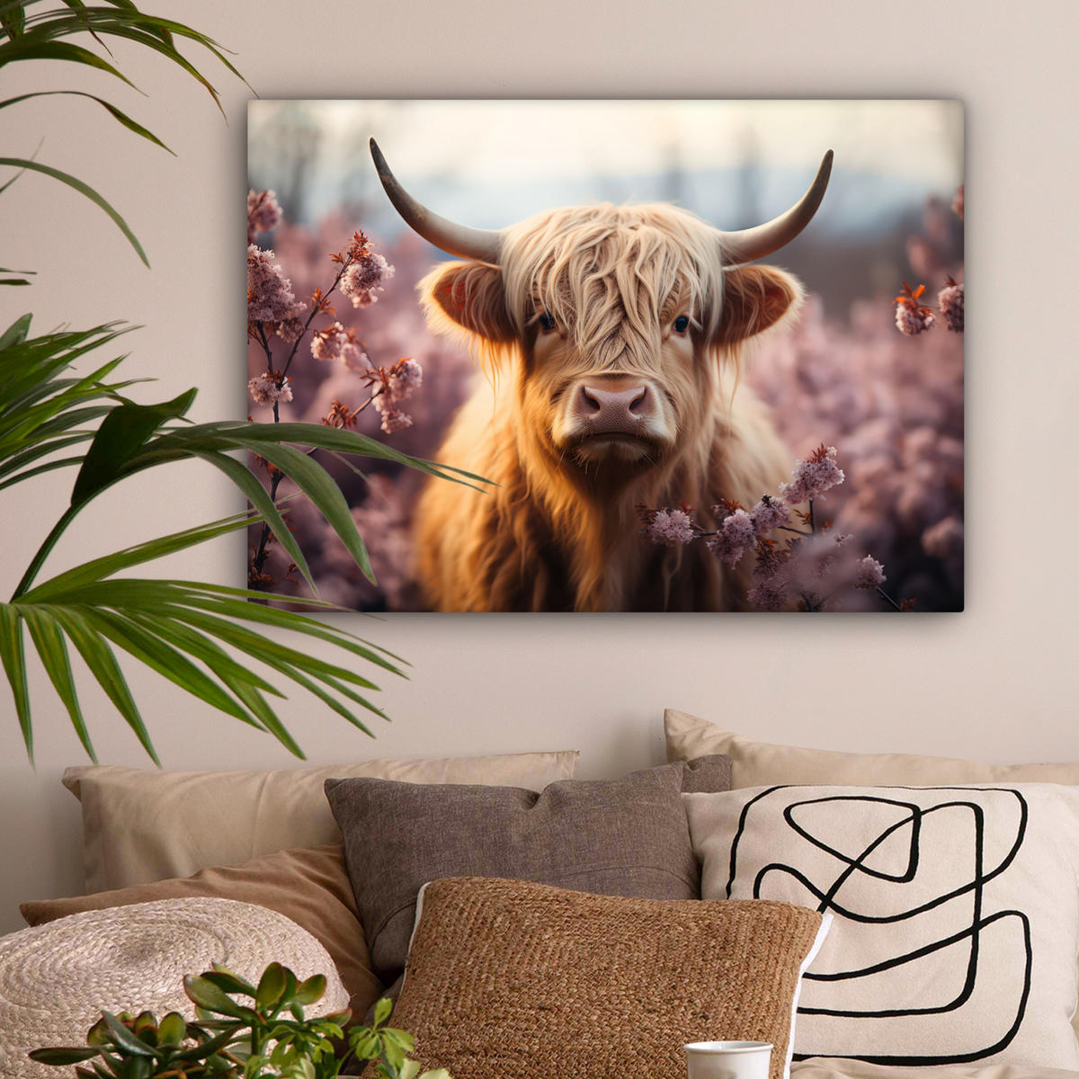 LEINWANDBILD - Schottischer Hochländer - Frühling - Hochland - 80x60 - Malerei - Hellrosa, Textil (80/60cm) - MuchoWow
