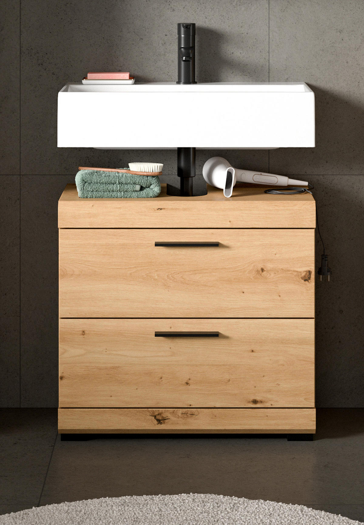 WASCHBECKENUNTERSCHRANK Eiche Artisan 60 cm, Badezimmer Unterschrank mit Schubkästen - Schwarz/Eiche Artisan, Holzwerkstoff/Kunststoff (60/56/34cm) - Inn.Furn